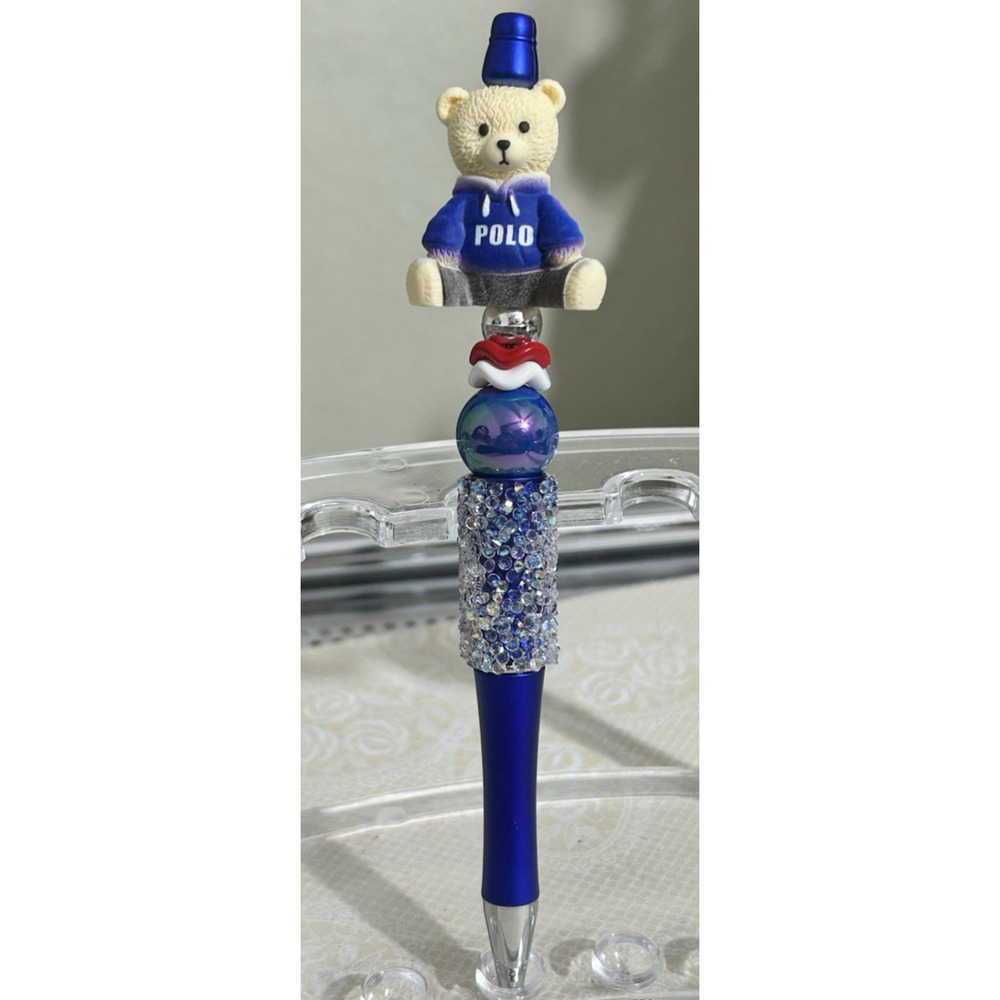 Custom Pen Baby Teddy Bear Patriotic Beaded Acrylic Black Ink Unique Handmade